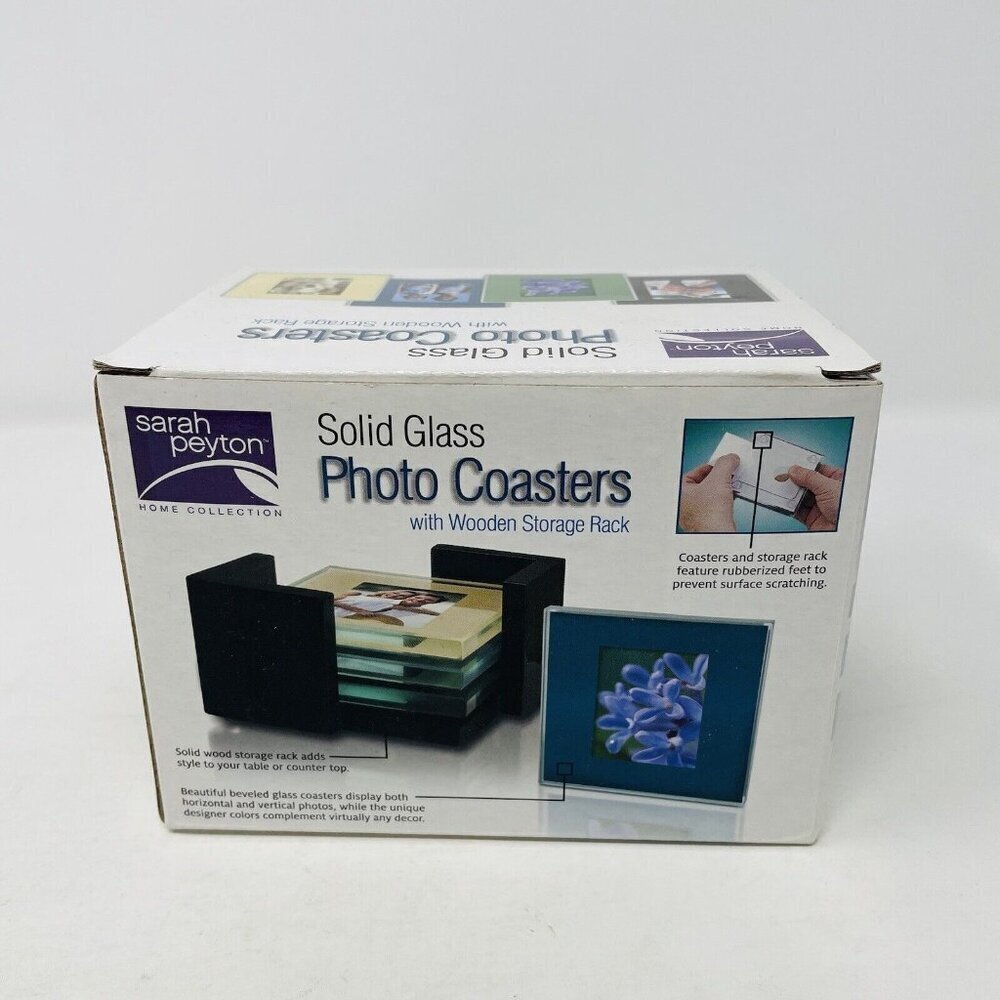 Sarah Peyton 4 Pack of Solid Glass Photo Coasters with Wooden Storage Rack - Picture 6 of 7